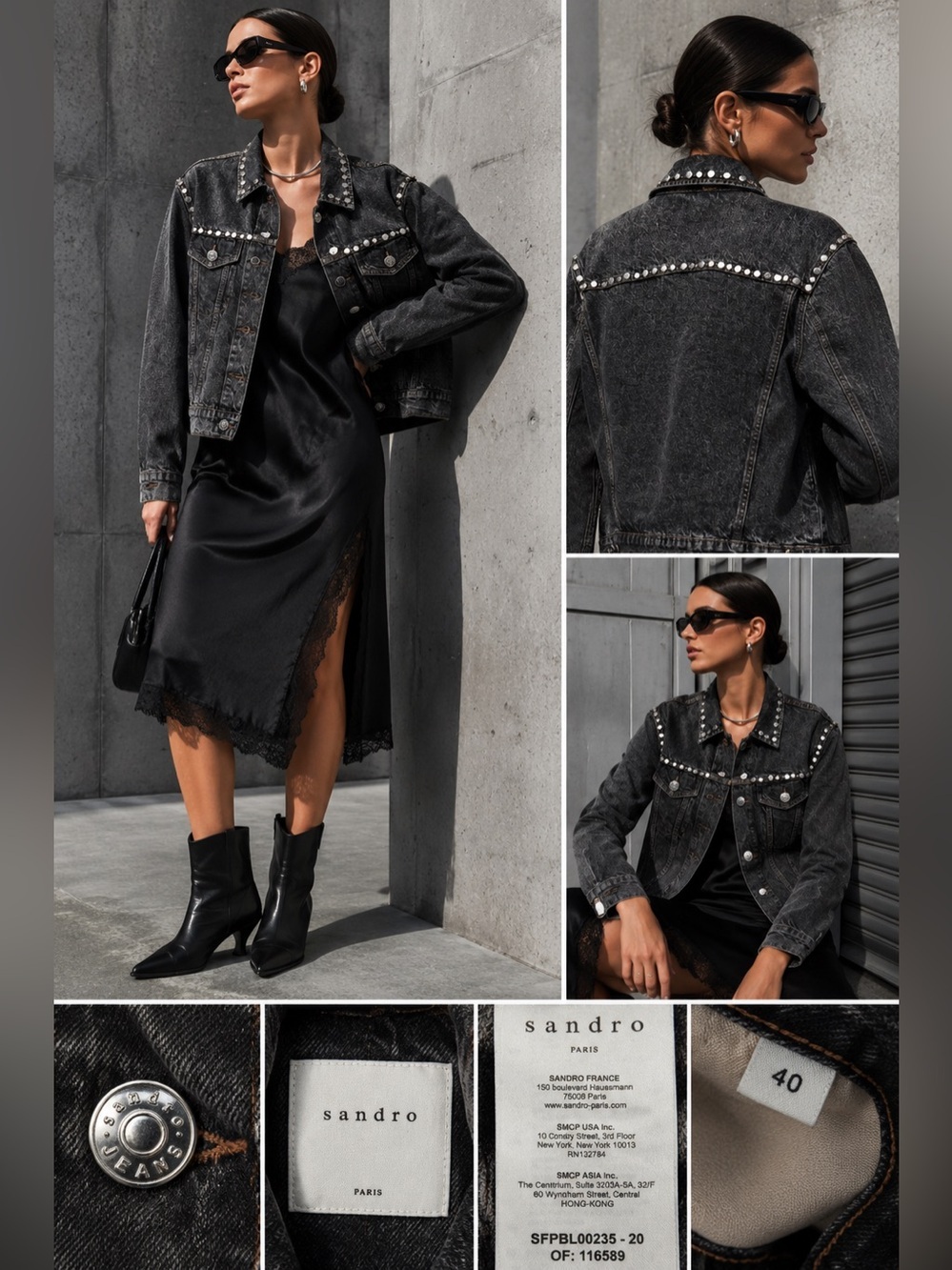Sandro Paris Studded Acid Wash Denim Jacket Black Silver Mirror Studs Size 40
